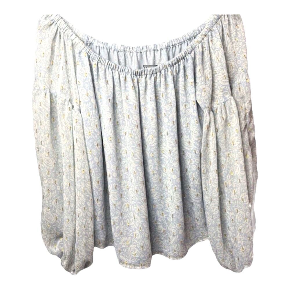 Express Off the Shoulder Floral Appliqué Blue Gold Metallic Peasant Top Size M